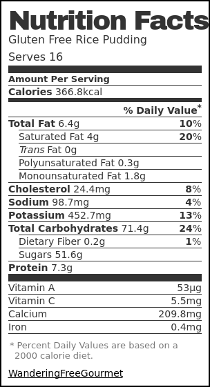 Nutrition label for Gluten Free Rice Pudding