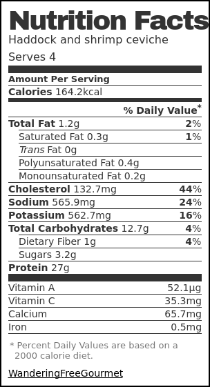 Nutrition label for Haddock and shrimp ceviche