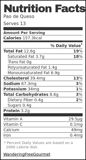 Nutrition label for Pao de Queso