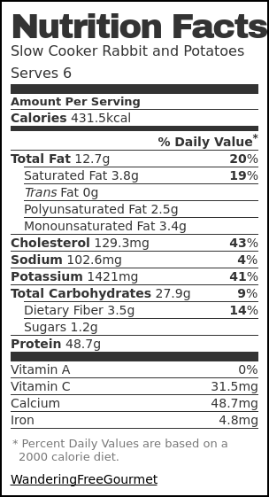 Nutrition label for Slow Cooker Rabbit and Potatoes