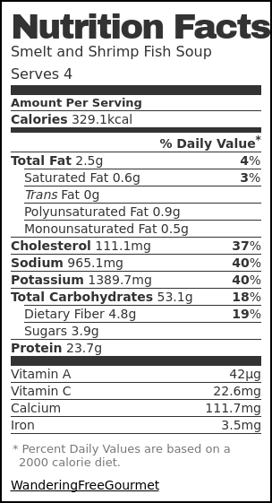 Nutrition label for Smelt and Shrimp Fish Soup